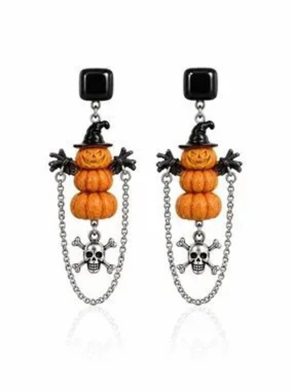 Halloween Pumpkin Stack Dangle Earrings with Skull Charm - Black & Orange
